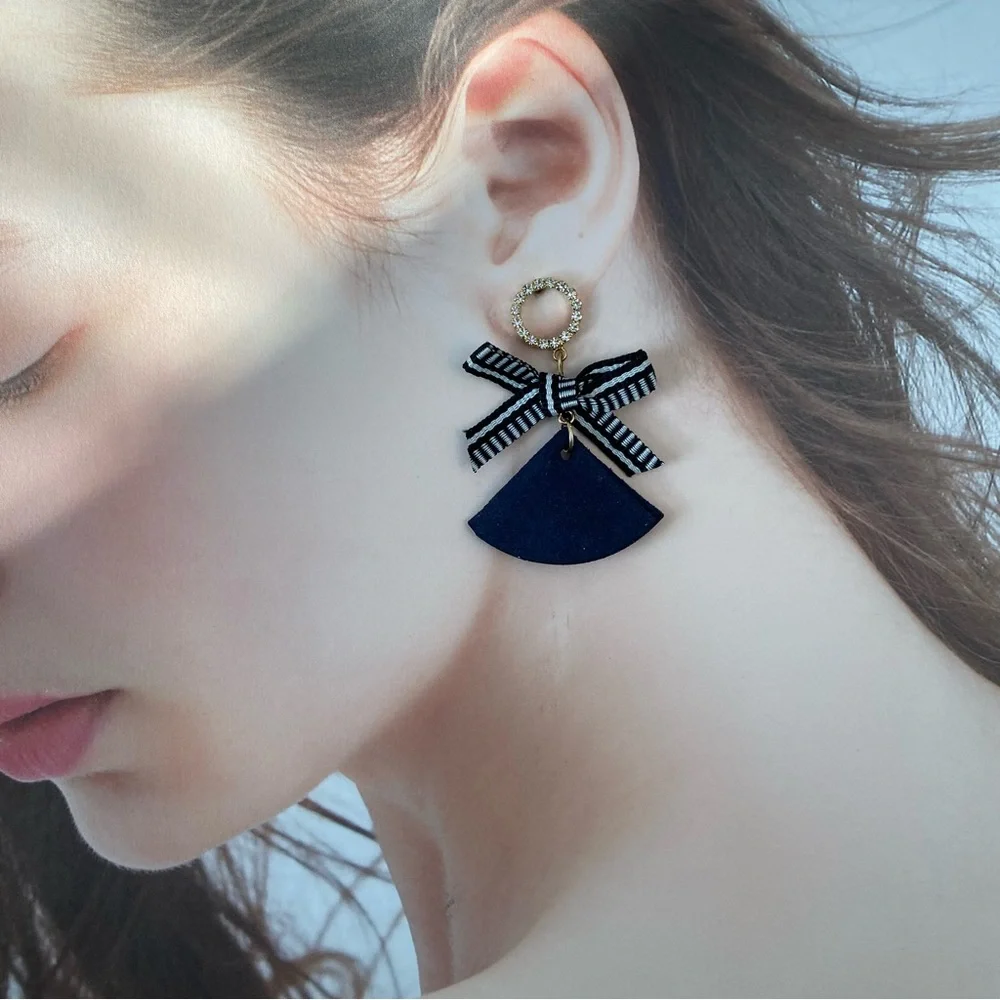 4/$15 Playful Twist Royal Blue Striped Ribbon Dangly Earrings